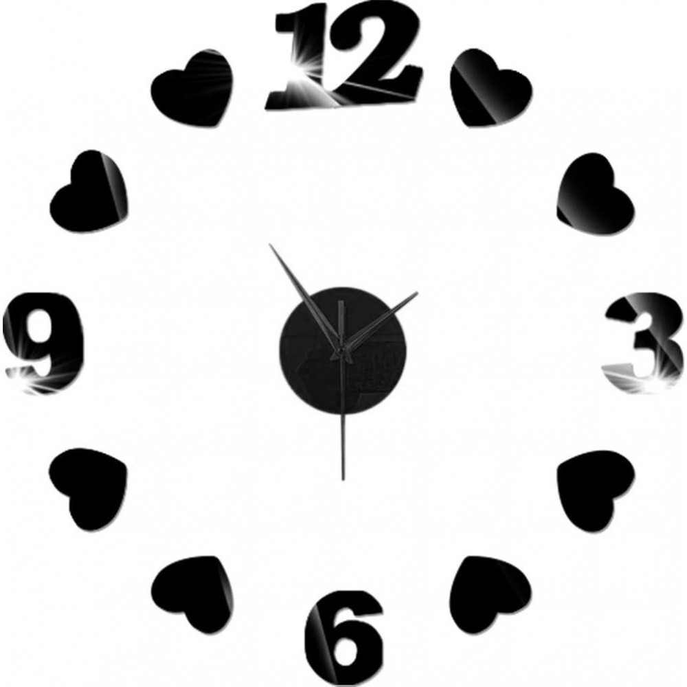 Αυτοκόλλητο Ρολόι Τοίχου Ακρυλικό με καρδούλες και νούμερα - Μικρό - C1394 - Μαύρο
