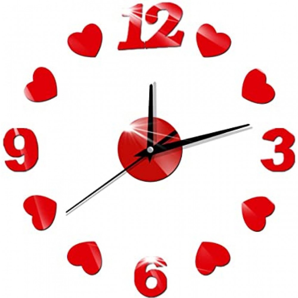 Αυτοκόλλητο Ρολόι Τοίχου Ακρυλικό μικρό με καρδούλες και νούμερα - C1395 - Κόκκινο